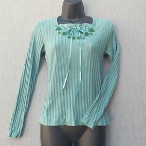 Womens Petite S Top Ribbed Teal Boho Fairycore Cottagecore Whimsy Indie